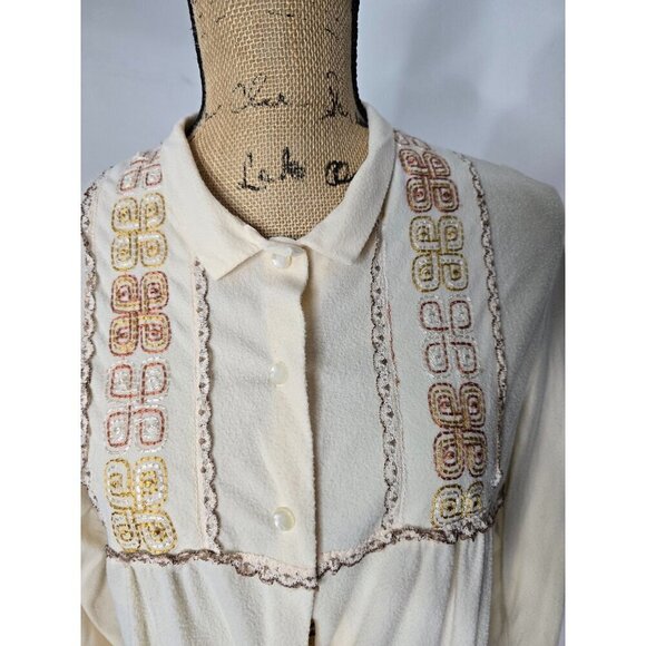 Vintage 70s Cream Boho Prairie Night Gown House Dress Bell Sleeve - Picture 2 of 14